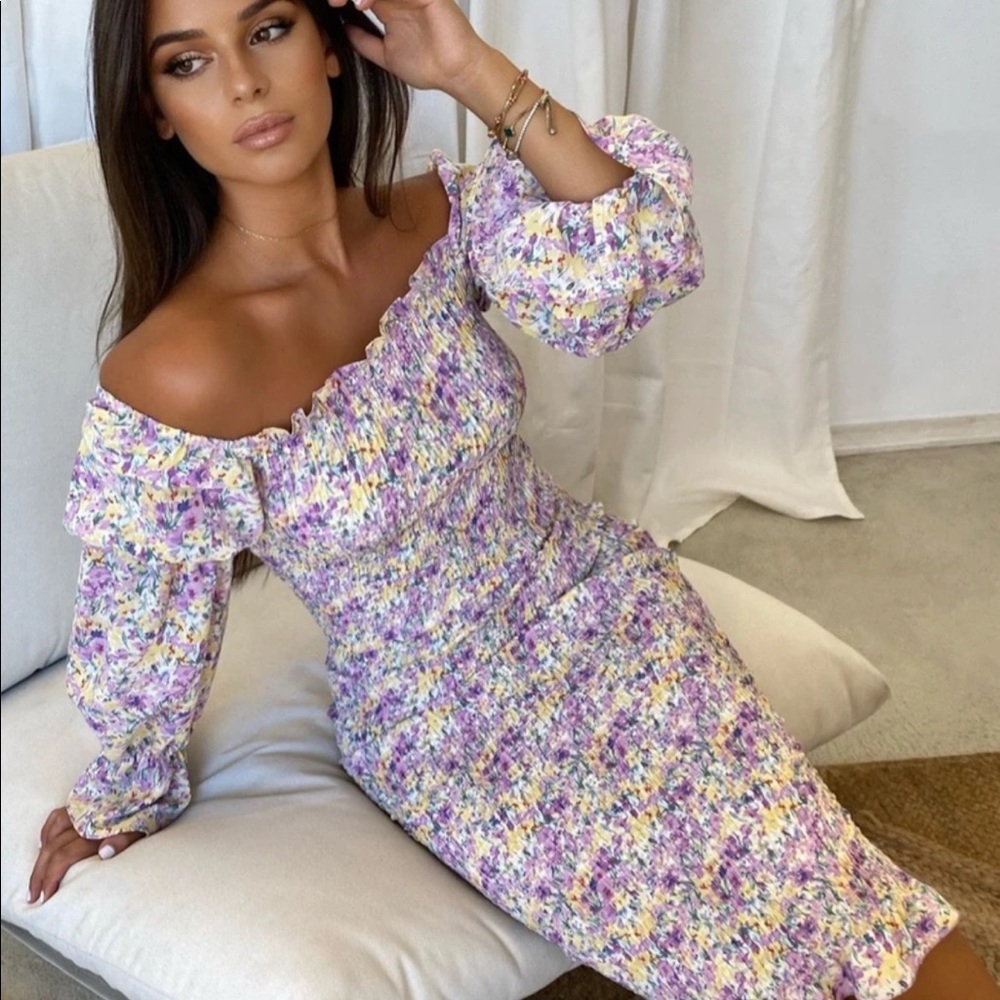 Midi Dress - floral lilac off shoulder NEW revolve sndys